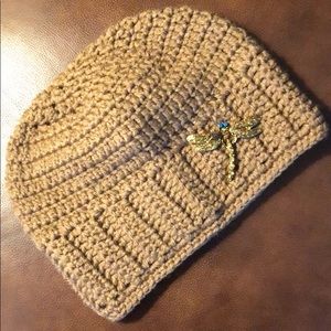 Dragonfly brooch winter hat size adult or teen New hand crochet by me #358